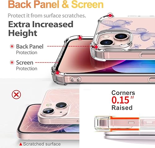 Miniatura 4 de Funda compatible con iPhone 15 con protector de pantalla, diseño de patrón de flores, funda transparente floral para mujer, a prueba de golpes,