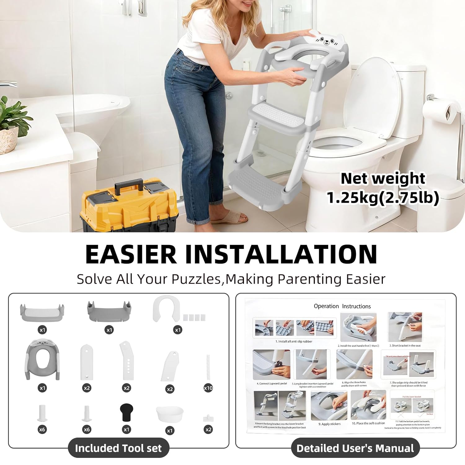 Potty Chair, potty training toilet seat with step stool ladder for Kids and Toddler Boys Girls - Kids Potty Training Soft Padded Seat (Grey+White)