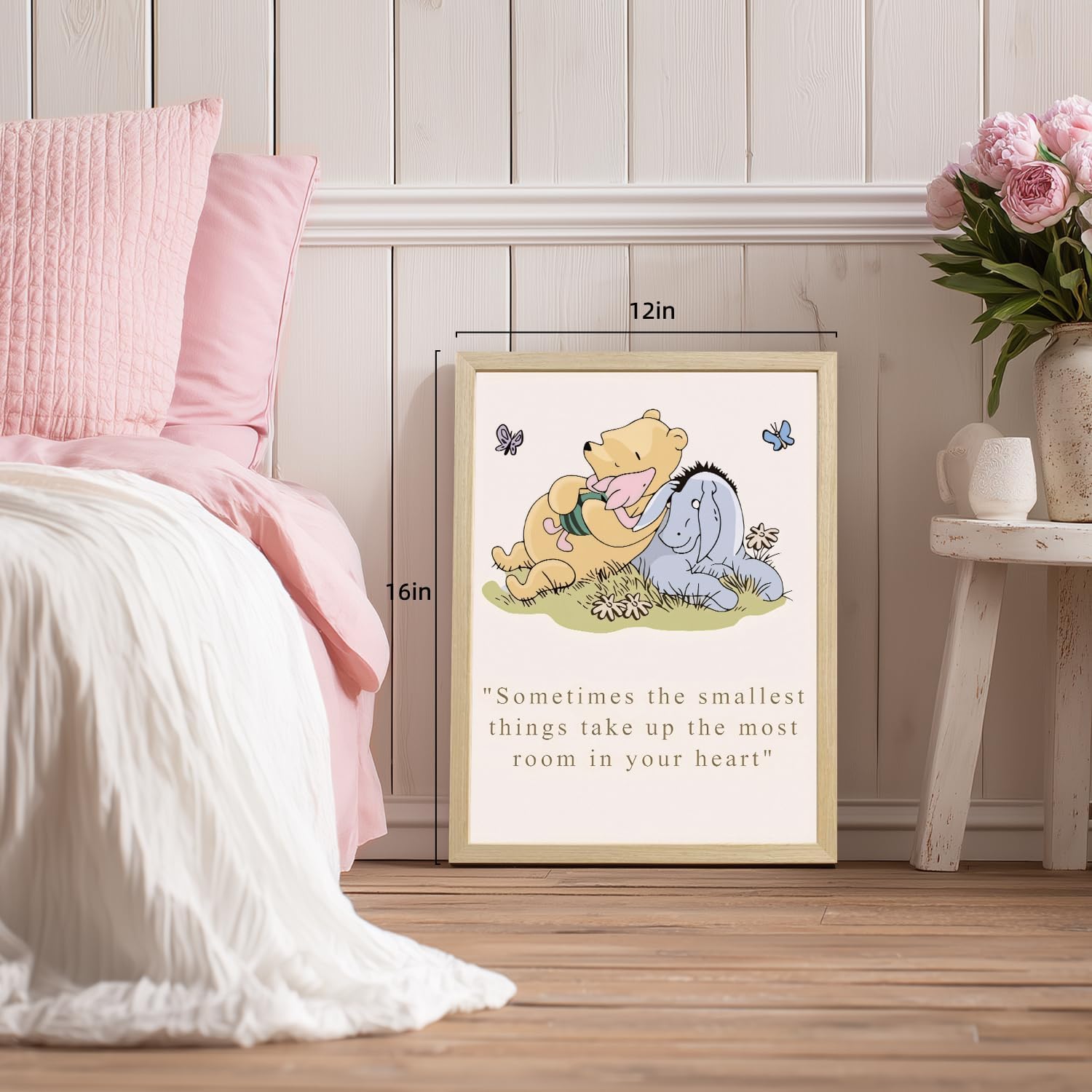 LERVR Wood Framed Bear Nursery Wall Art Set of 3, Cute Bear and Friends Storybook Canvas Print, Sweet Inspirational Quote Decor, Cartoon Animal Nursery Artwork for Kids RoomPlayroom 12x16 Inch