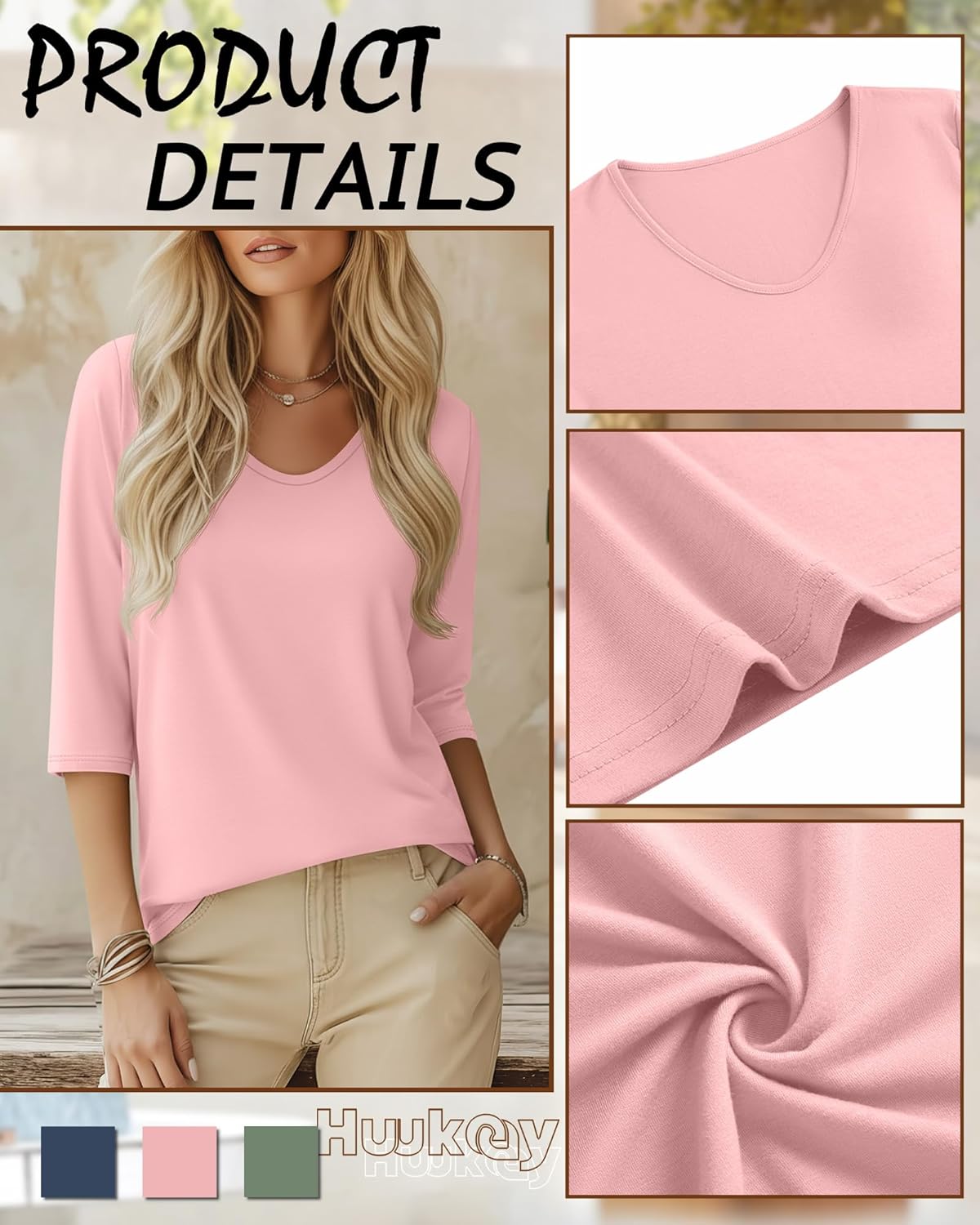 Huukeay 3 Pack Women's 3/4 Sleeve T-Shirts, V Neck Casual Tops Loose Fit Tunic Basic Tees 3/4 Length Sleeve Soft Blouses - Image 5
