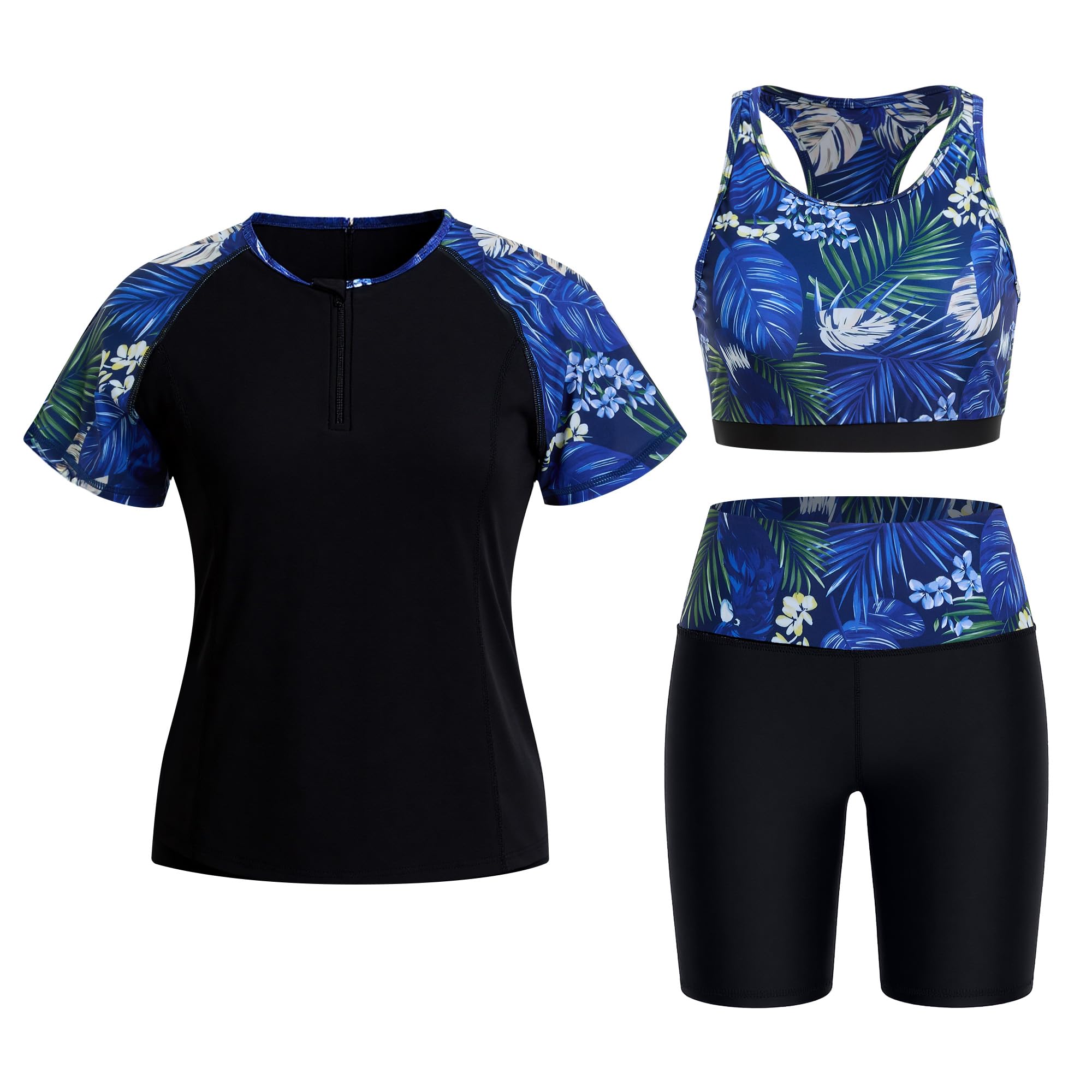 Owntop Rashguard Set da donna 3 pezzi – Maglietta a maniche corte con canotta e costume da bagno, asciugatura rapida, con protezione UV per spiaggia, nuoto, sport acquatici