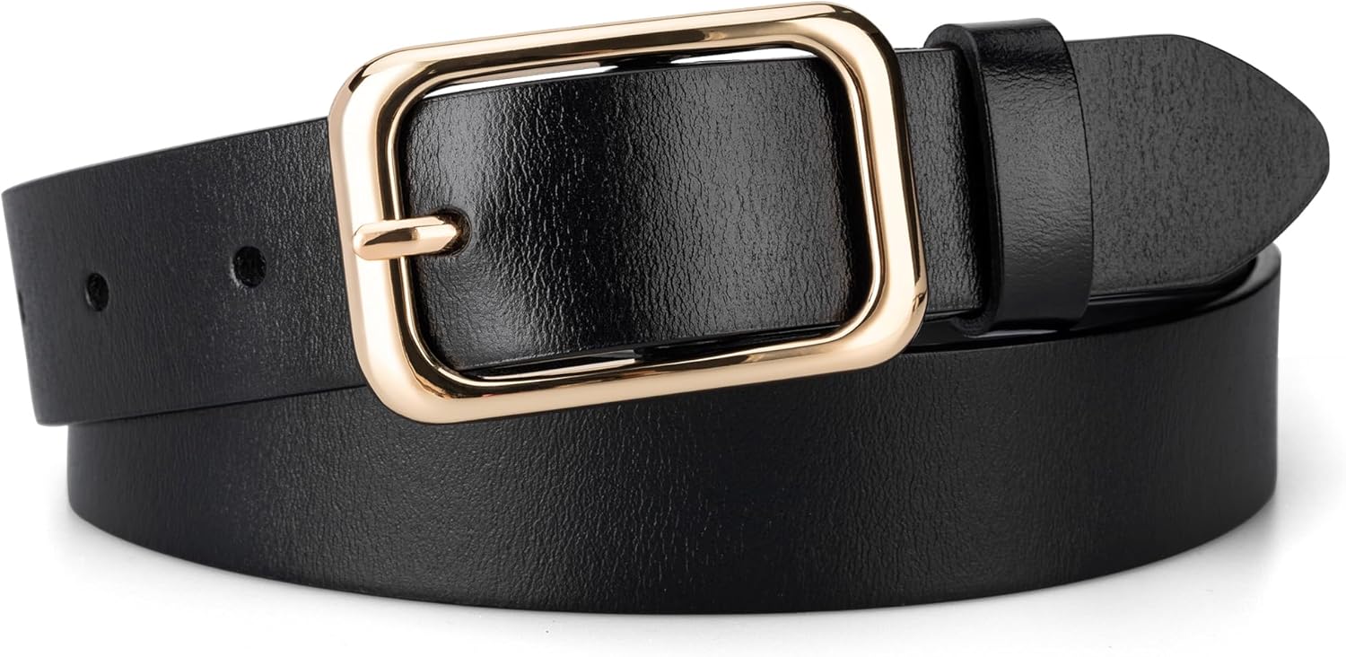 Womens Leather Belt with Gold Square Buckle, Fashion Ladies Belts for Jeans Pants Dresses - 1.1" Width