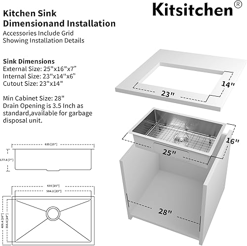 Miniatura 17 de Kitsitchen Fregadero de cocina para autocaravana de 23 pulgadas, fregadero de cocina de acero inoxidable calibre 18, fregadero de cocina de un solo
