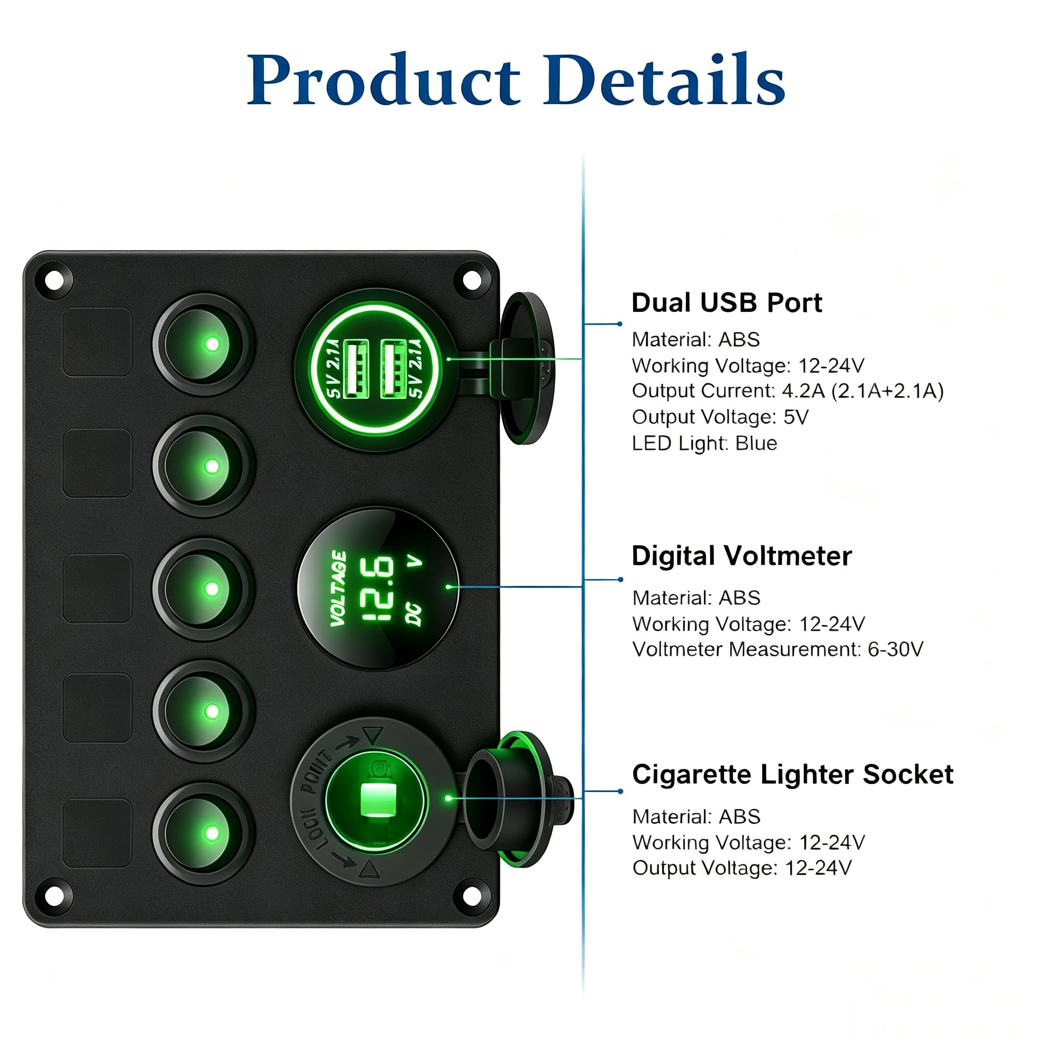 Riloer Wielofunkcyjny panel przełącznika gniazdo USB ładowarka cyfrowy woltomierz wodoodporny kompatybilny z samochodami TV/ATV ciężarówki przyczepy kempingowe autobusy zielone światło
