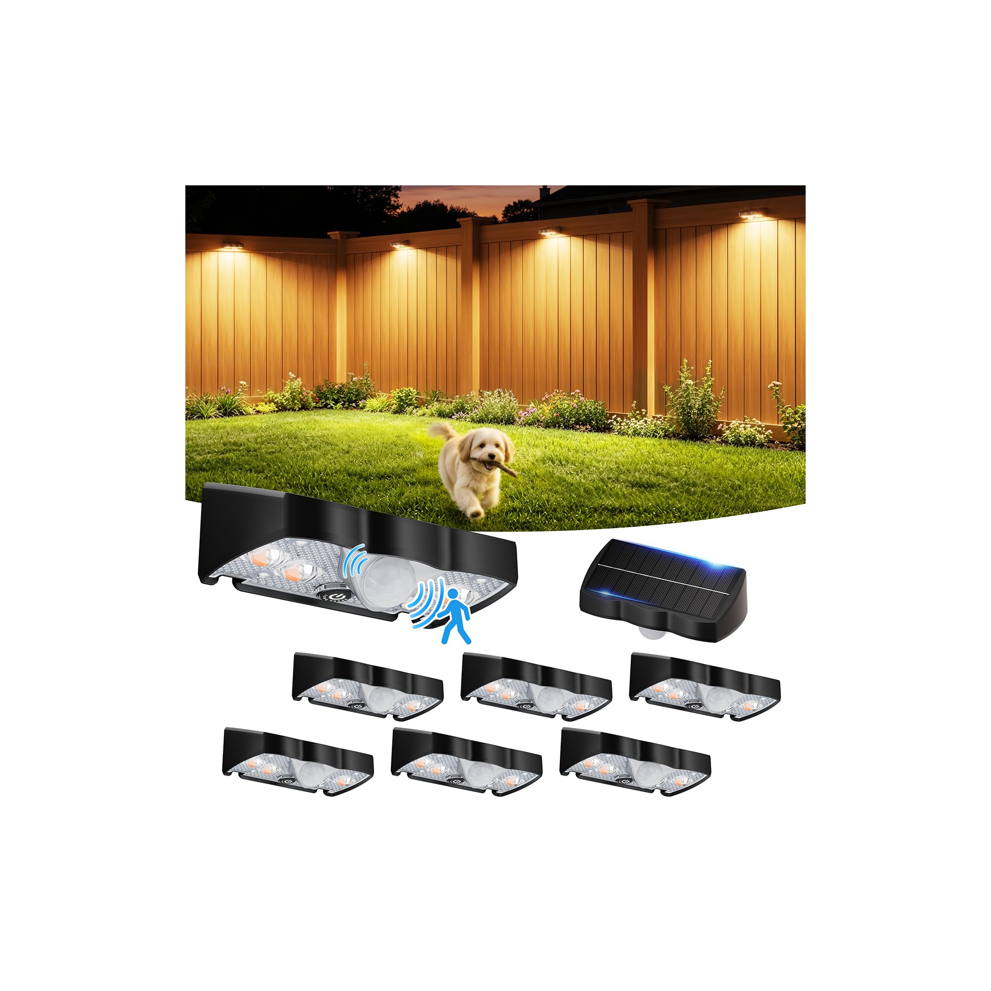 Photo 1 of VOLISUN Fence Lights Solar Powered Motion Sensor 8 Pack, 160° Wide Angle 16.4FT Detection, IP65 Waterproof, 3 Modes (High/Low/Steady-On) Dusk to Dawn, 3000K Warm White Solar Fence Lights for Garden