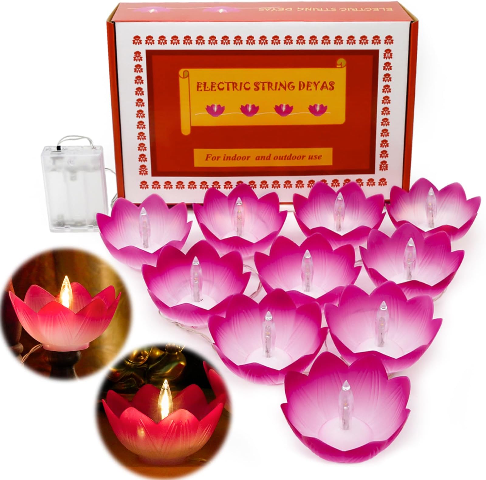 Diwali Gifts Electronic LED Diyas - Lotus Shaped Diya String Lights Diwali Pooja Item Indian Home Office Mandir Puja Decor, 10 Lotus Diyas per String, Battery Operated, Waterproof, Lasts 100+ Hours