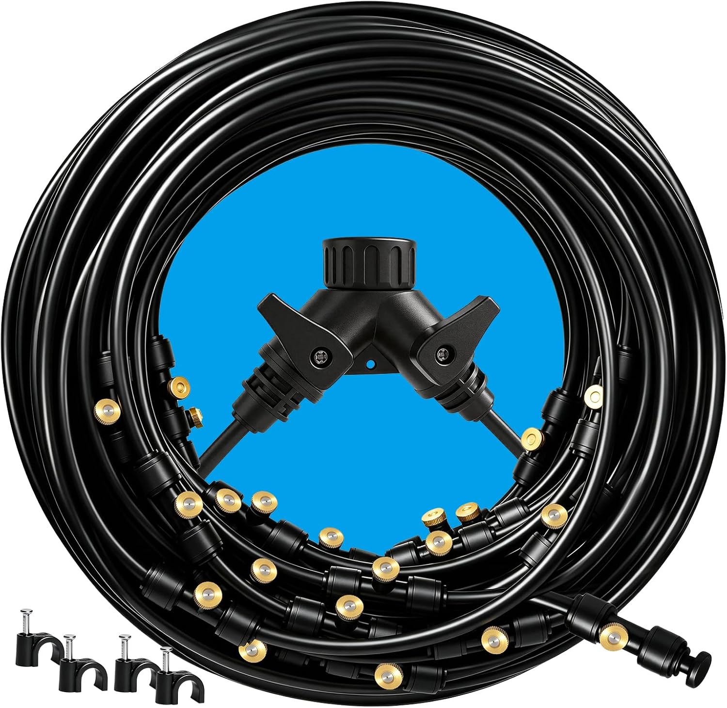 Riboud 110FT Mister for Outside Patio Misting Cooling System with 20 Brass Mist Nozzles+Water Filter+Y Connector, Leak-Resistant Misters for Backyard, Garden, Pool, Deck, Greenhouse - Black