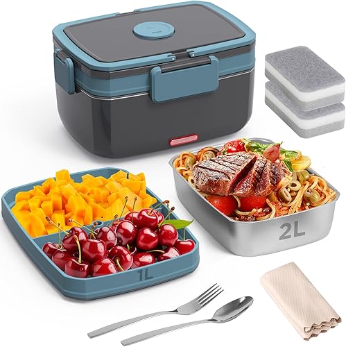 Fiambrera eléctrica para adultos  Calentador de alimentos portátil de 90 W con acero inoxidable de 2 L y recipiente de fruta de 1 litro, lonchera