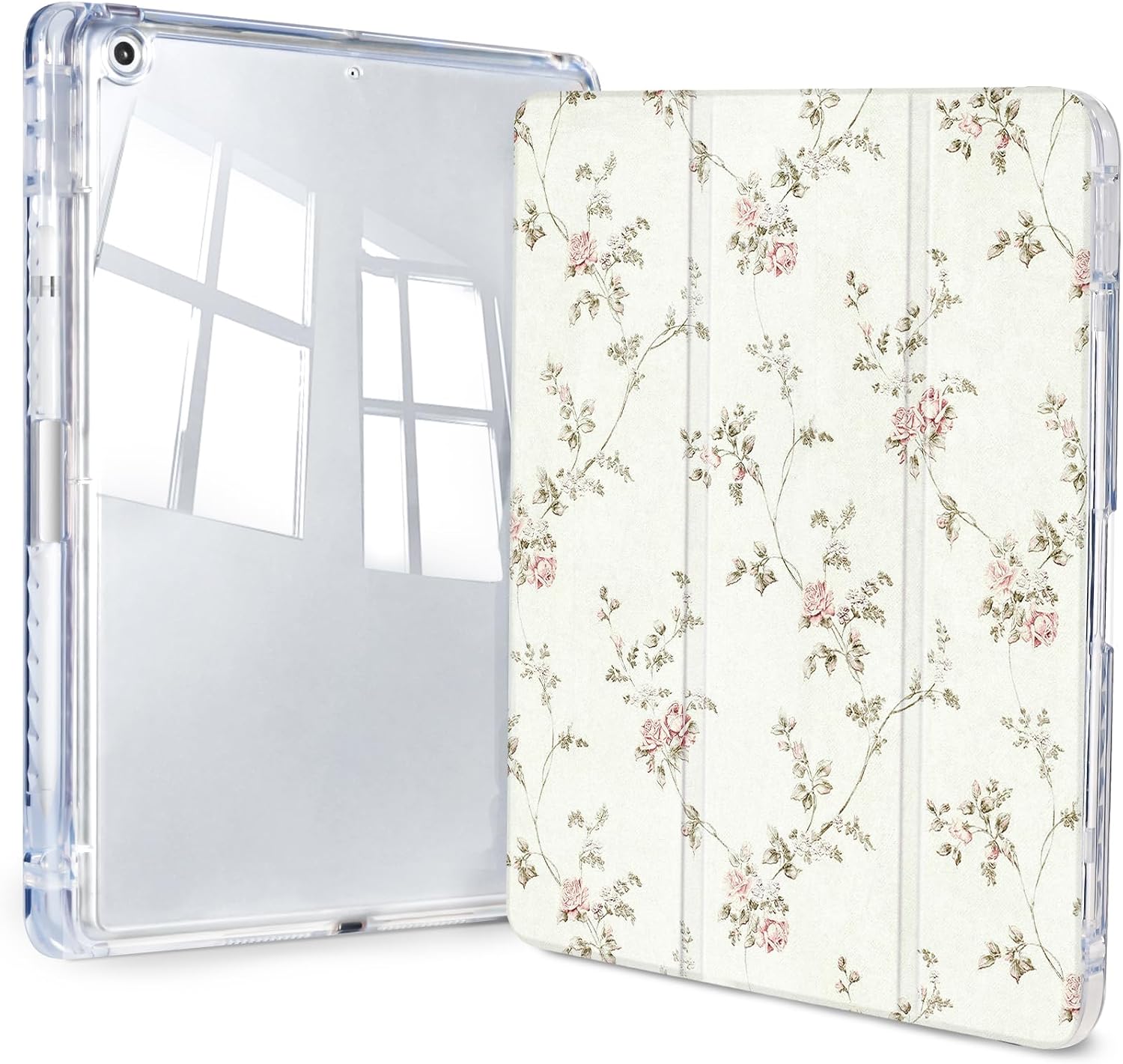 Case for iPad 9th/ 8th/ 7th Generation Case 10.2 Inch (2021/2020/2019 Release), Slim Trifold Clear Back Transparent Cover with Pencil Holder & Auto Sleep/Wake Cover,Floral Print