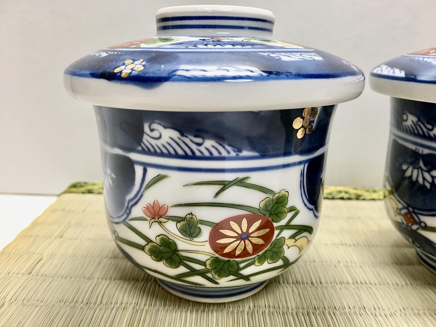Japanese Ceramic Chawan-mushi Cups with Lid and Spoon D3.7 x H3.74 Inches, 7.1 Fl. Oz. Mino Ware Somenishiki Koimari, Set of 2 M6591 from Japan