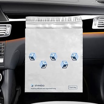 Sheebo 12 pcs Easy-Attach Stick-On Adhesive Disposable Car Trash Bag - Durable Leakproof Litter Bags for Cars, Kitchens, Office, Desktop, Camping, RVs