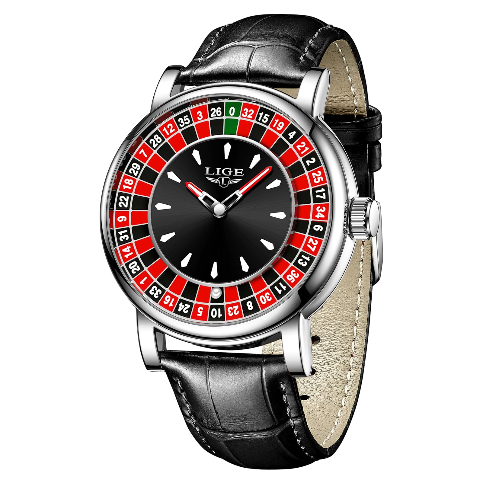 Orologio Da Uomo Stile Roulette Con Cinturino In Pelle - Quarzo, 45 Mm, Impermeabile, Luminoso, Lega Placcata Oro, Casual Unico - 3