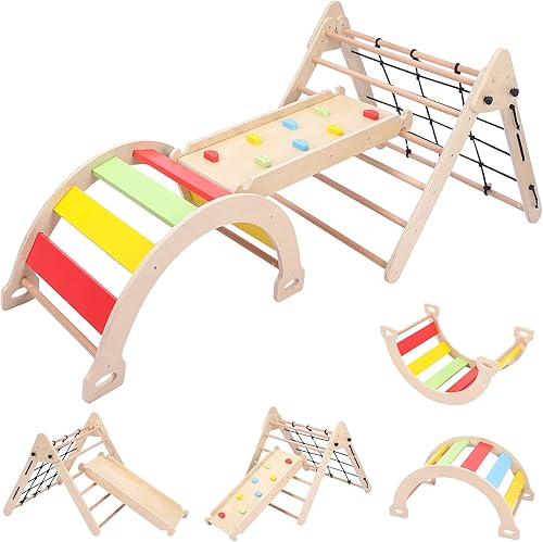 Juego de gimnasio para interiores para niños, juguetes de escalada de madera 5 en 1, triángulo plegable para escalada y deslizamiento, para niños y