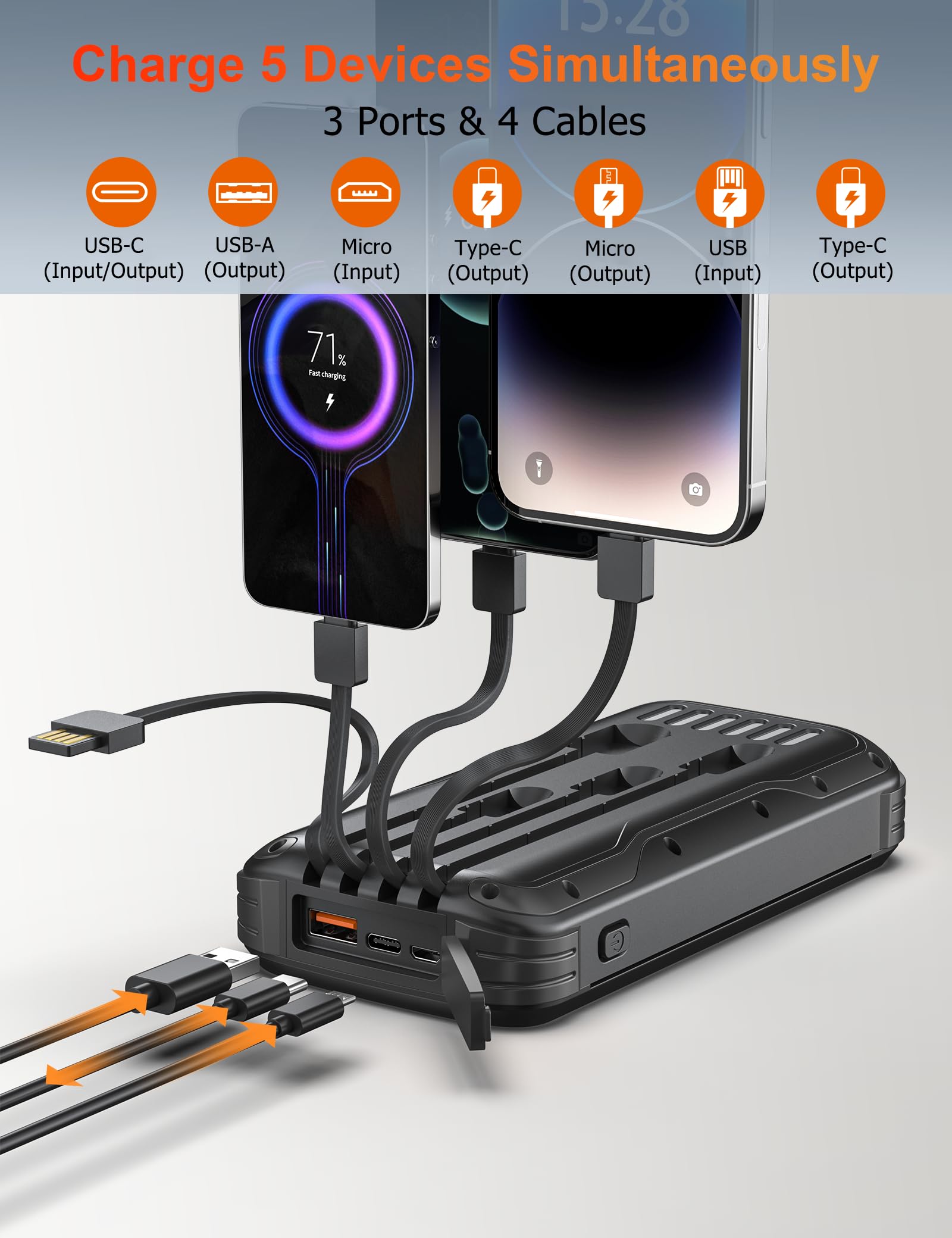 MINRISE Chargeur solaire 40 000 mAh - Chargeur portable PD 20 W - Charge rapide - 4 câbles intégrés et entrée USB-C - Batterie externe avec lampes de poche