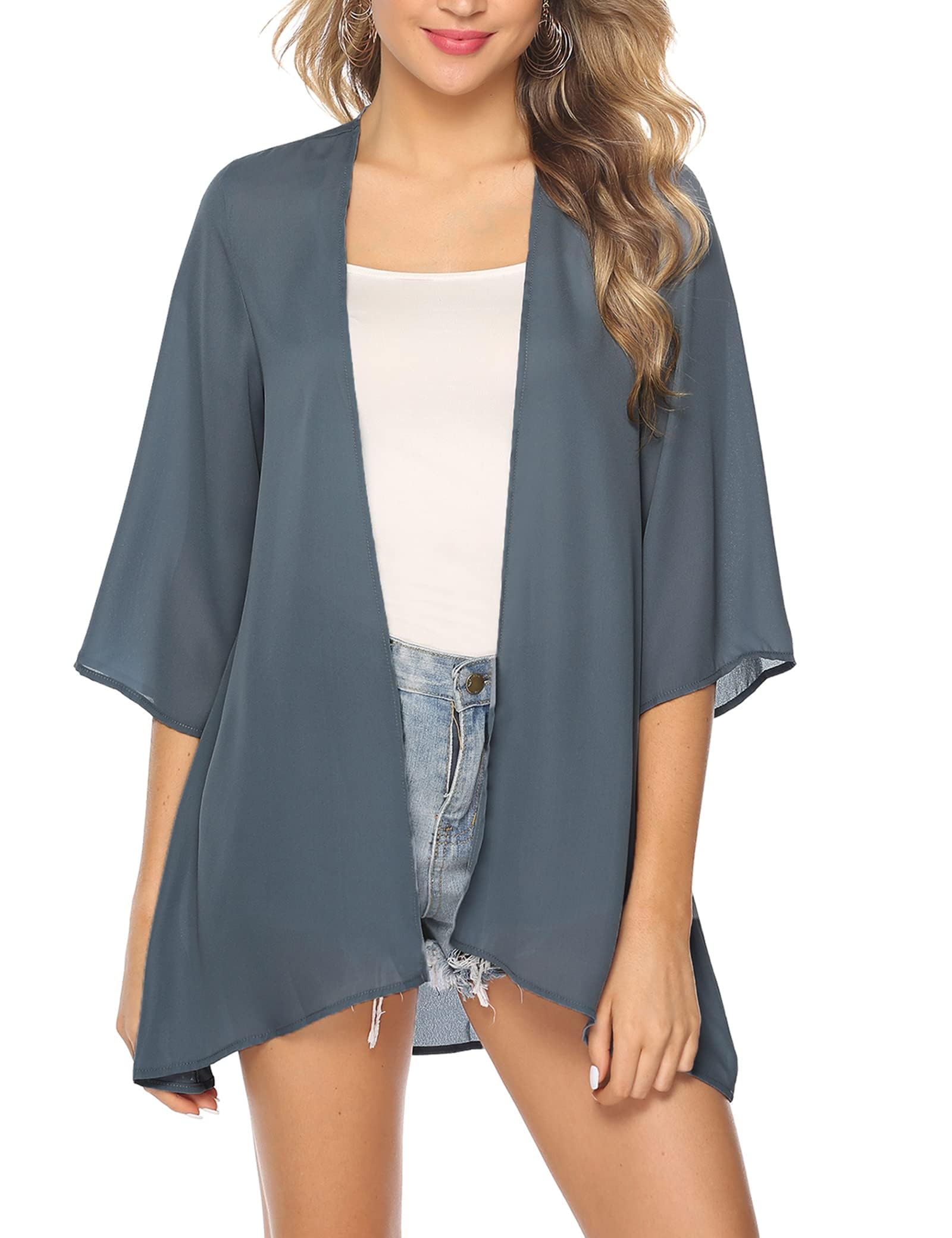 Irevial Kimono Damen Sommer Dünner Cardigan Chiffon Loose Bikini Cover Up 3/4 Arm Strand Leicht Lang Strickjack