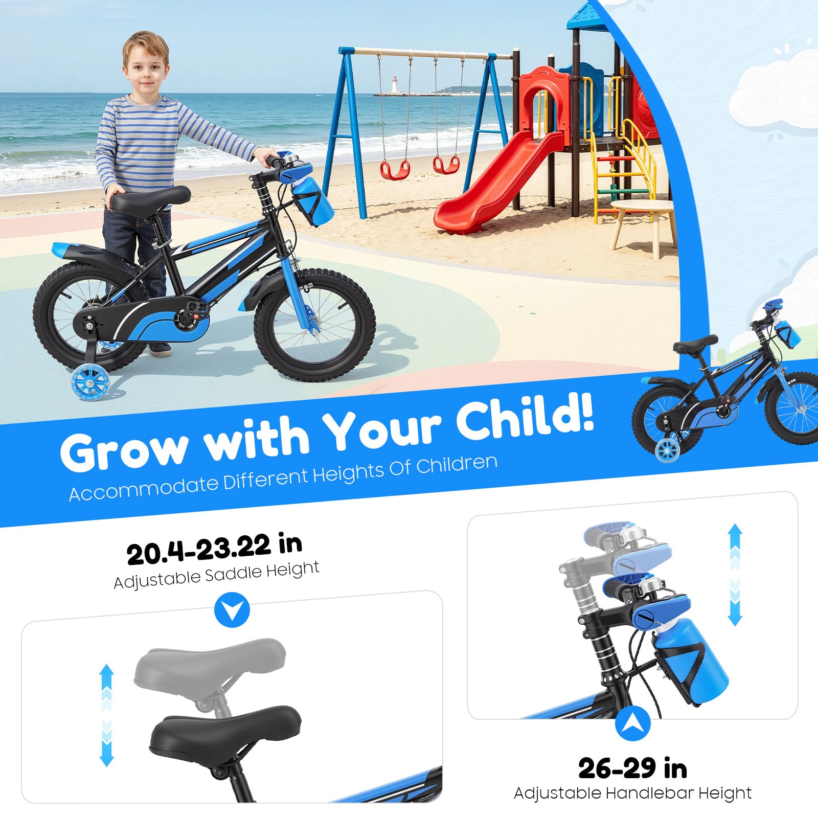 14-Zoll Kinderfahrrad für 3-7 Jährige, verstellbares Kinderfahrrad mit Stützrädern und Trinkflasche, 60 kg Tragkraft
