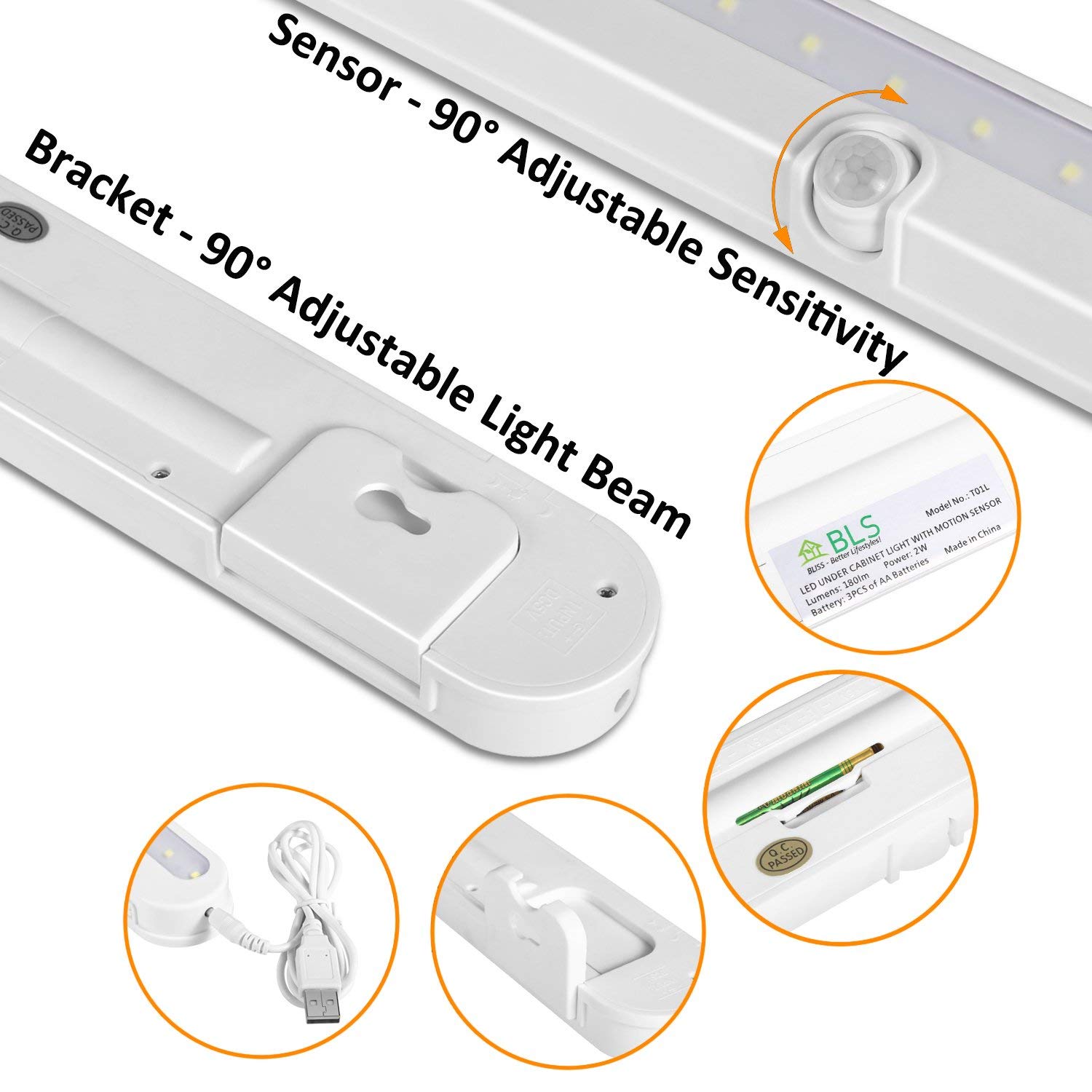 t01lb LED Schrank Licht – BLS 20 superhelle LED Unter Schrank Beleuchtung Batteriebetrieben/DC Eingang Wireless Motion Sensing Light, Motion & Light Sensor, Light Beam verstellbar, 2.00watts