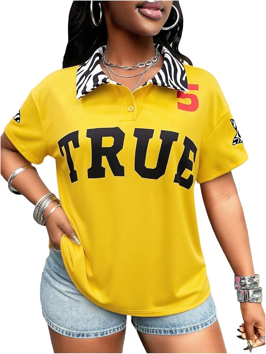 SHENHE Camiseta de rugby a rayas para mujer Jersey extragrande con cuello gráfico | Manga corta, camiseta de fútbol con bloques de color, ropa urbana Y2K, top holgado en contraste