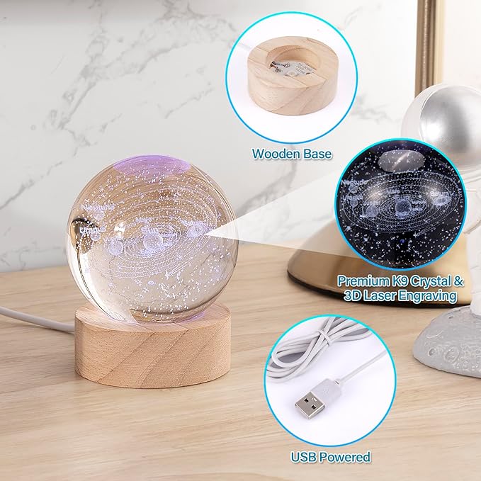 OCTOXEQA 3D Solar System Crystal Ball Night Light, 7 Colors Change Glass Ball Lamp with LED Light Wooden Base, Solar System Lamp for Bedroom Home Decor, Birthday, Astronomy Space Gifts for Kids Friend photo 3