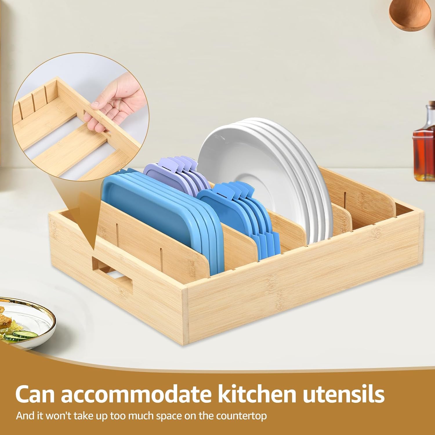 3Pcs Food Container Lid Organizer with Adjustable Dividers for Cabinet, Lids Organizers for Plastic Lids and Covers Kitchen Storage and Organization, Detachable Partition Storage Box