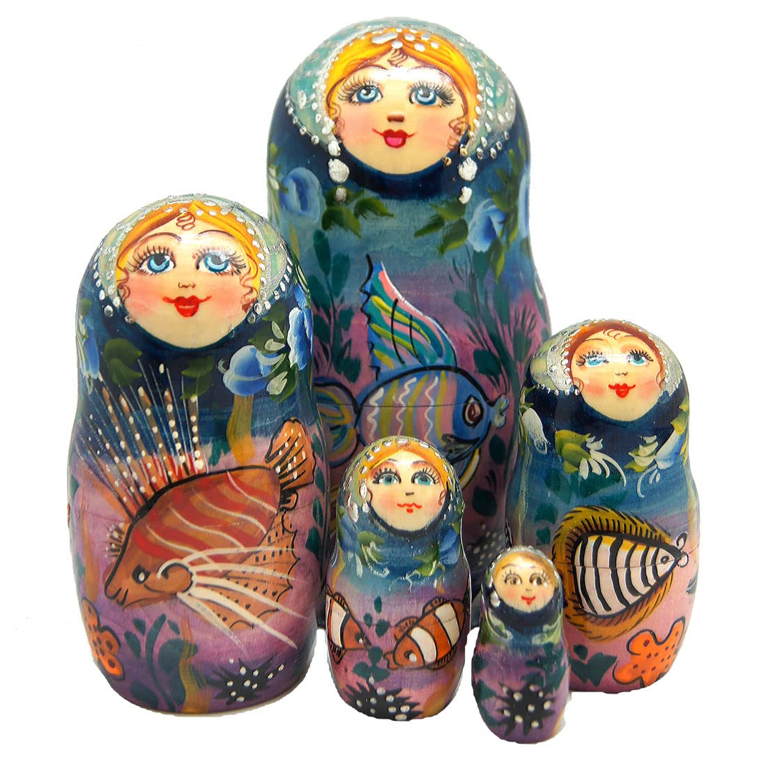 “Sea Princess” Large 5-Nest Doll Russian Matryoshka Wooden Stacking Nested Dolls Wooden Handmade Toys Gift for Children Christmas Mother’s Day Birthday Home Decor Wishing Gift 1301160