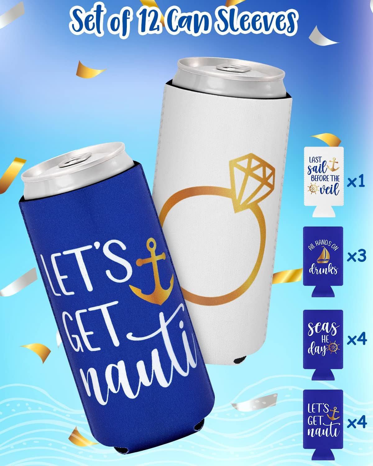 CiyvoLyeen Let’s Get Nauti Beer Can Coolers, Bachelorette Party Slim Can Sleeves Beverage Nautical Sailor Drink Holder Soda Cover Coolies Weddings Supplies Last Sail Before The Veil Decorations 12PCS image 4