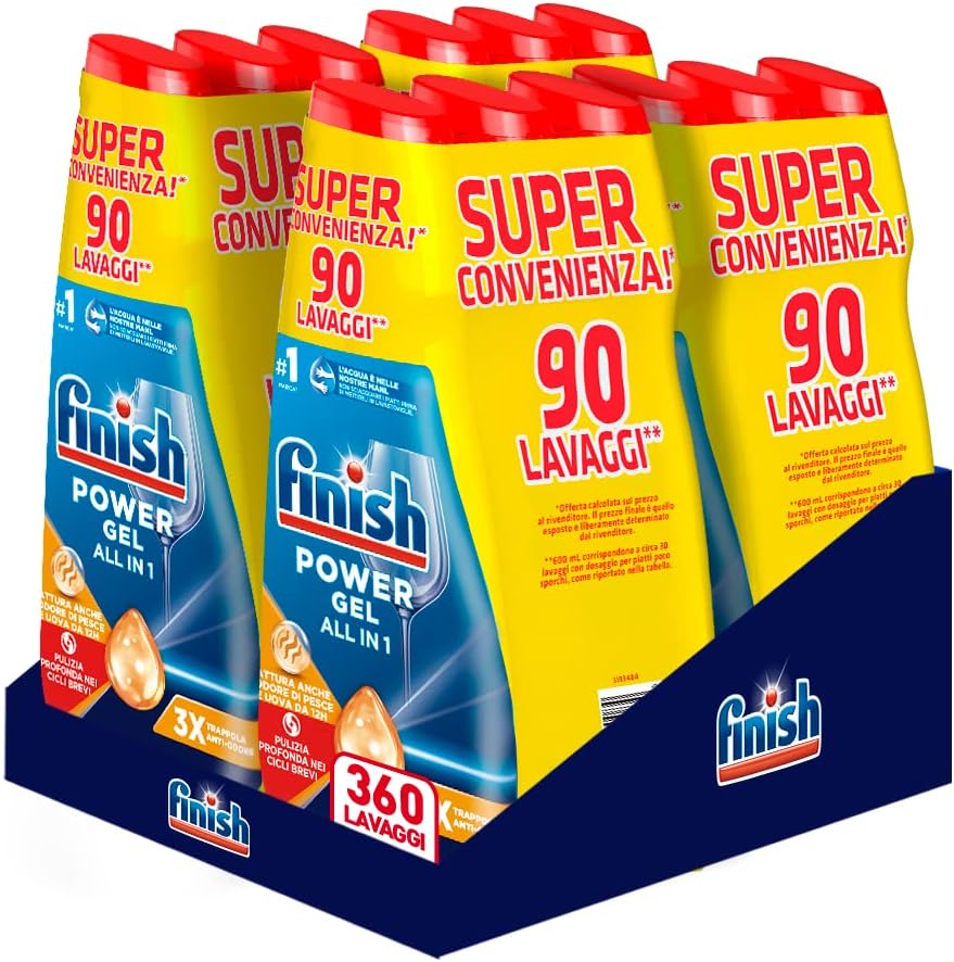 Finish Powergel Detersivo Lavastoviglie Anti Odore, Gel Lavastoviglie, 360 Lavaggi, 12 confezioni da 30 Lavaggi di Liquido Lavastoviglie