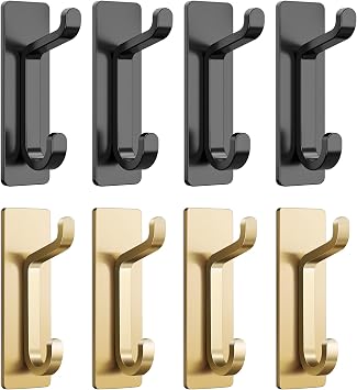 pickpiff Door Hook 8 Pack, 4 Black and 4 Gold, Extra Sticky 10LB Max, Stainless Holder for Hanging Towel, Coat, Cloth, Purse, Hat, Key,