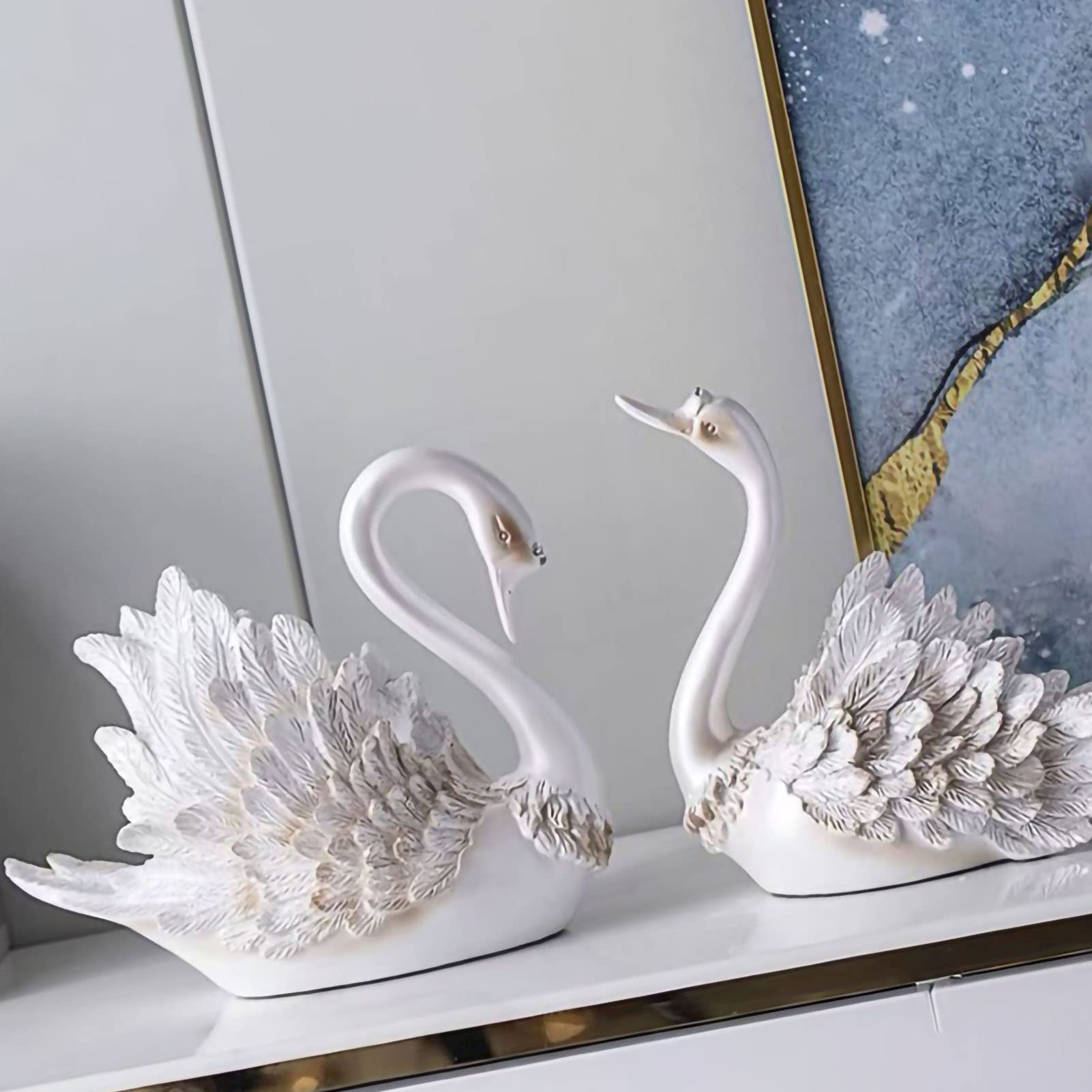 Fdit Conjunto Moderno de Adornos de Cisne para Decoración del Hogar, Regalos de Boda, Sala de Estar, Mueble de TV, Elegante Resina Sintética, 9,1x5,5x8,3 Pulgadas (Perla Blanca)
