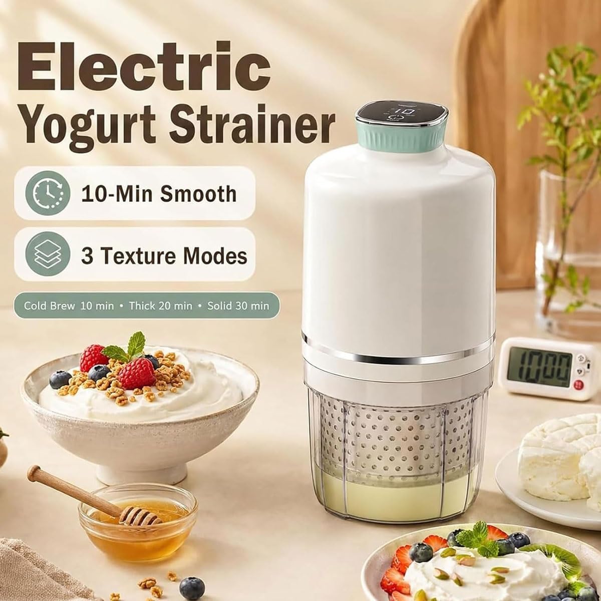 Colino elettrico per yogurt, 1000 ml, 2000 mAh, per formaggio con 3 modalità, 450 maglie sottili per yogurt greco fai da te, latte di soia, filtro per birra fredda, separatore di siero di latte