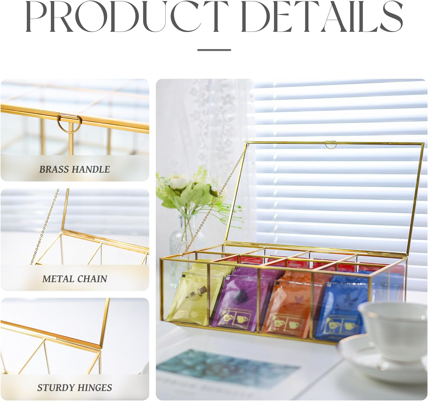 Glass Tea Bag Organizer with 8 Compartments, Handmade Large Tea Bag Storage Box for Counter Kitchen, Tea Bag Holder,Tea Storage Containers with Lid,Tea Accessories Gifts for Tea Drinkers,Gold