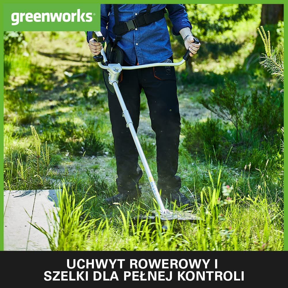 Greenworks GD40BCB Akumulatorowa Kosa z Silnikiem Bezszczotkowym, Szelki, Uchwyt Rowerowy, 40 cm Szerokość Cięcia, 2 mm Żyłka Nylonowa lub 25 cm Ostrze BEZ Baterii 40V i Ładowarki