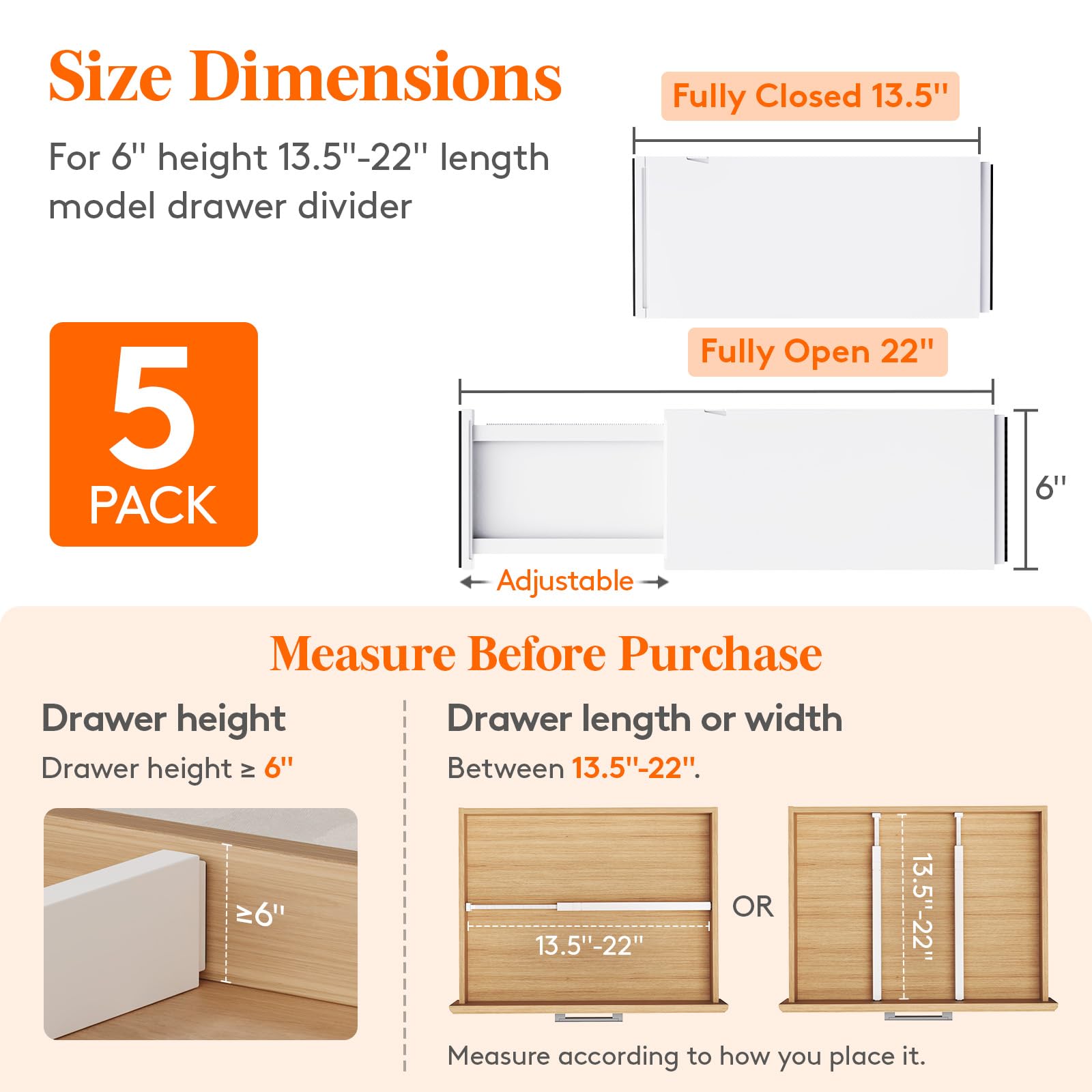 Lifewit Divisori per Cassetti in Plastica Confezione, Organizzatori per Cassetti Regolabili, Separatori per Cassetti Espandibili per Camera da Letto/Bagno/Cucina, Alti 15.2 cm, 34-50 cm, Pezzi 5