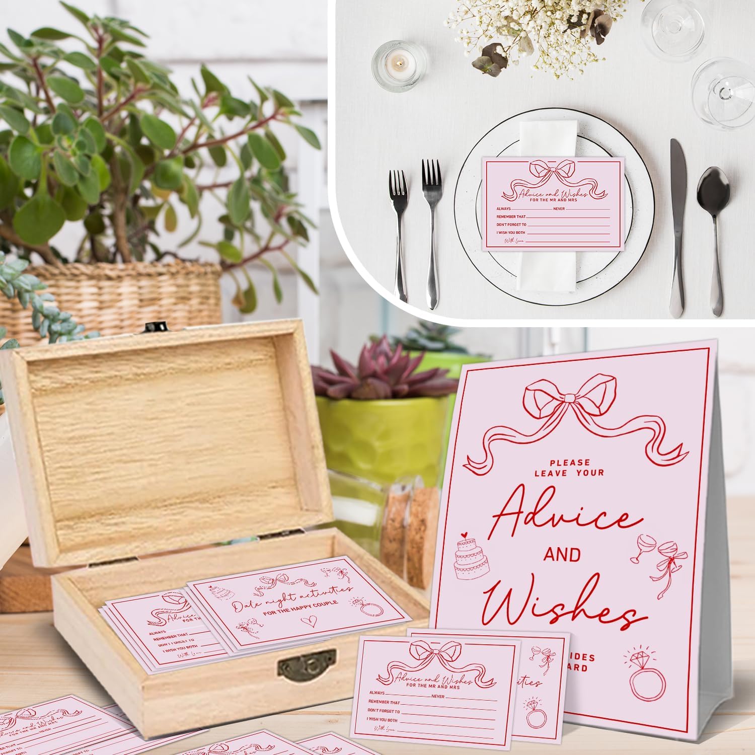 Pink Bow Wedding Advice Cards And Box Set, Advice And Wishes For Mr and Mrs, Bridal Shower Advice Cards, Bridal Shower Box For Bride Groom, 50 Double Sided Wedding Advice Cards with Wooden Box & Sign