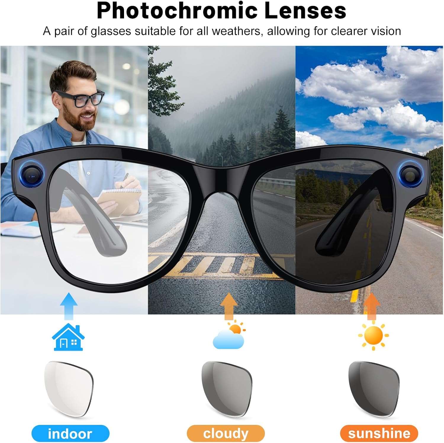 Smart Glasses with Camera and Bluetooth 8MP 4K Camera Glasses with Charging Case AI Glasses with Transition Lenses Touch Control Voice Assistant Recording and Video for Men and Women