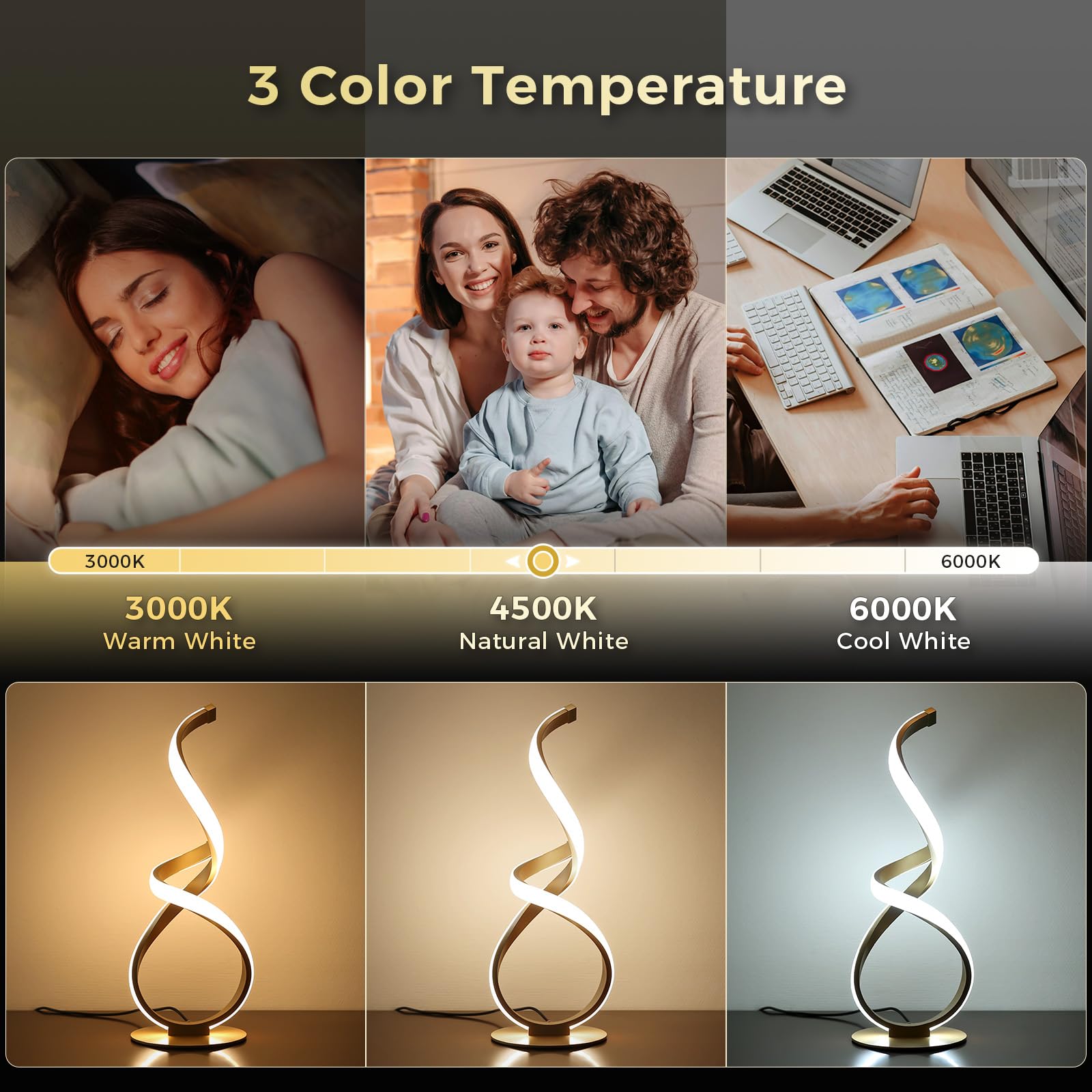 Paquete de 2 lámparas de mesa de noche, lámpara LED de escritorio en espiral, regulable al tacto, temperatura de 3 colores, luz moderna para mesitas de noche, luz lateral única para