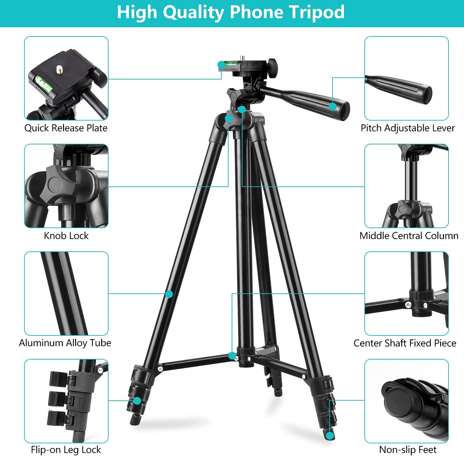 Phone Tripod, 55" Tripod for iPhone Cell Phone Tripod with Phone Holder and Remote Shutter, Compatible with iPhone/Android, Perfect for Selfies/Video Recording/Vlogging/Live Streaming