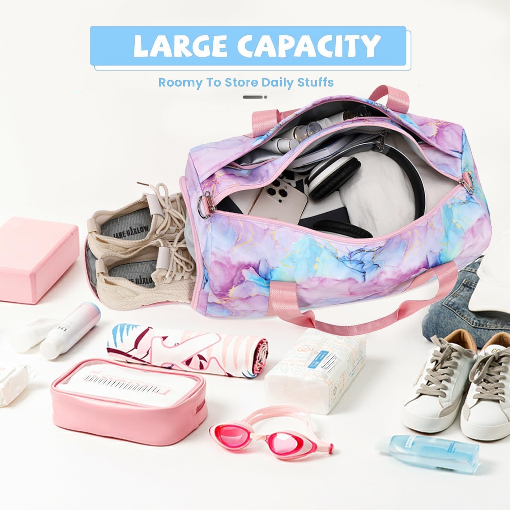 Turnbeutel für Mädchen, Turnbeutel für Teenager, Sporttasche, Balletttasche für Mädchen, Canvas Tasche mit Schuhfächern und Nassfach (Knotenfarbe, Marmor violett, 18 x 8 x 9.75 pulgadas