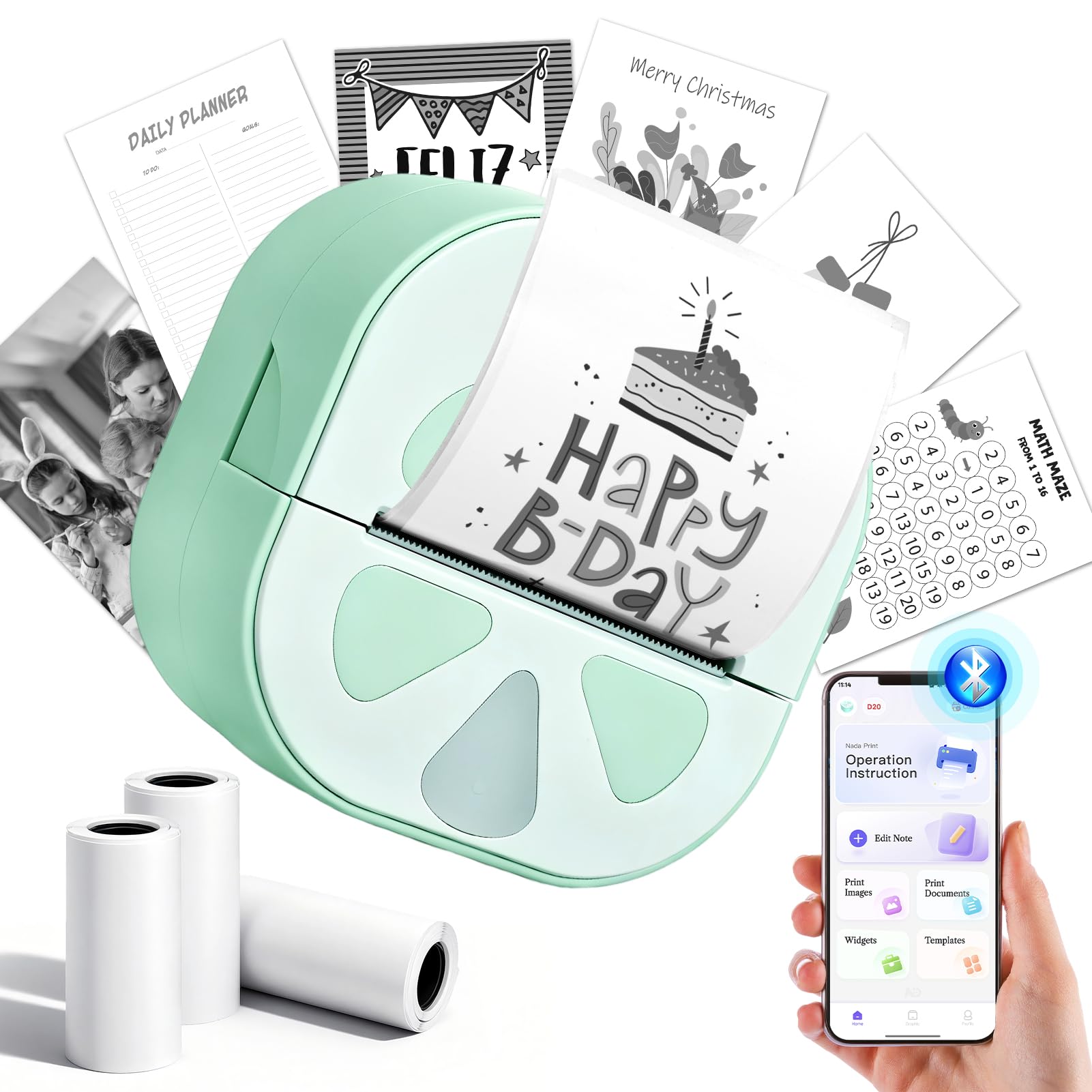 Mini Impresora Térmica,Impresora Fotos Portátil Bluetooth Inalámbrica Cable USB Compatible con iOS y Android Impresora Pegatinas con 3 Rollos de Pape para Fotos Notas Pegatinas Móvil Regalos