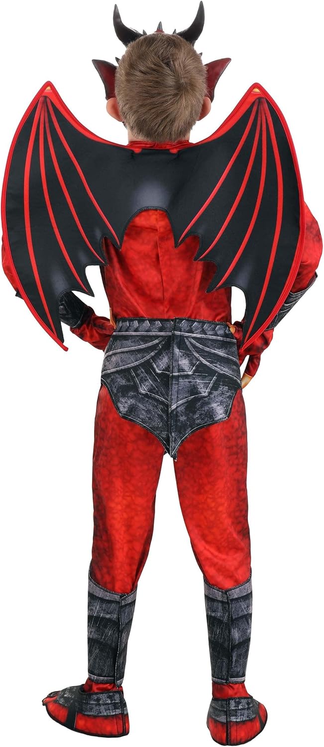 Kids Devil Halloween Costume | Red Malevolent Demon Outfit, Scary Printed Jumpsuit with Wings and Horned Mask - Image 2