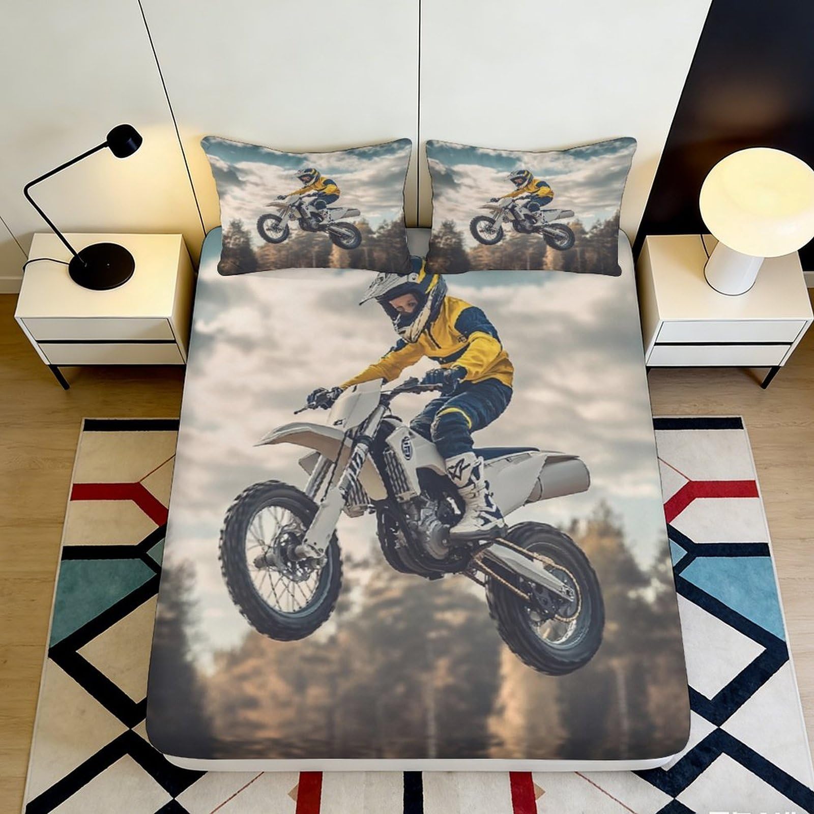 3D Printed Motocross Rider Fitted Sheet Microfiber Soft Anti-Slip Dirt Bike Mattress Cover for Bedroom Dorm Decor 90x200x25cm