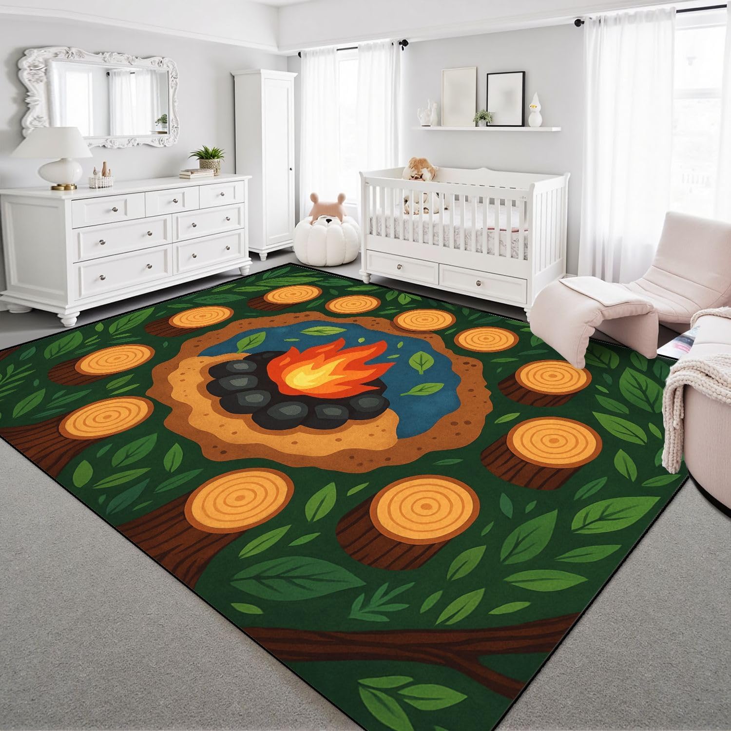 8x10 Area Rugs for Bedroom Boho Washable Rug for Living Room Campfire Classroom Seats Surrounded Logs Green Leaves Forest Setting Soft Rubber Backed Non-Slip Carpets for Woodland Nursery Room Decor