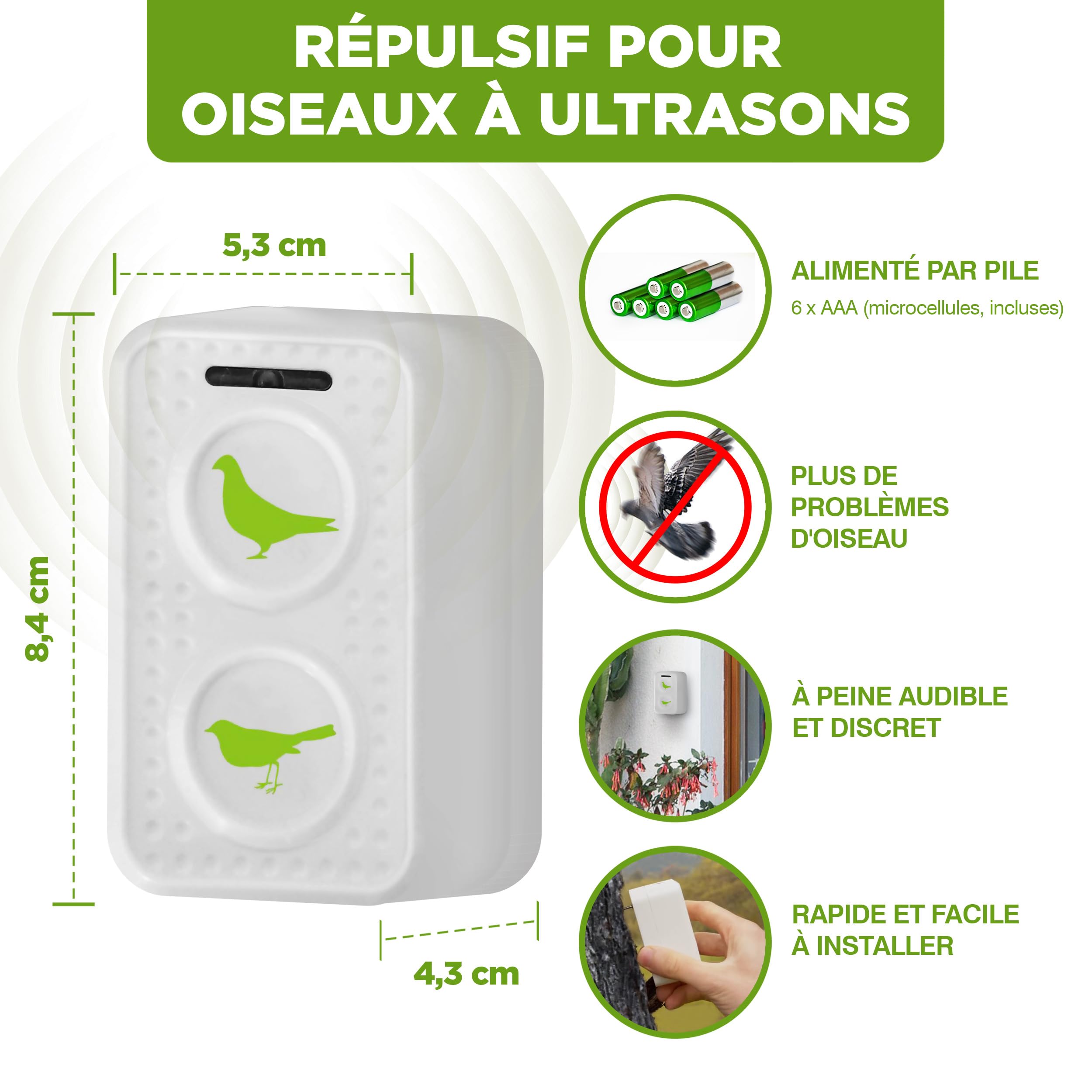 ISOTRONIC Répulsif ultrasons Oiseaux et Pigeons – À Piles pour Balcon, Toit et Jardin – Éloigne moineaux, goélands et Corbeaux – Portée 50 m² – Lot de 2 unités pour Une Protection Efficace et Mobile