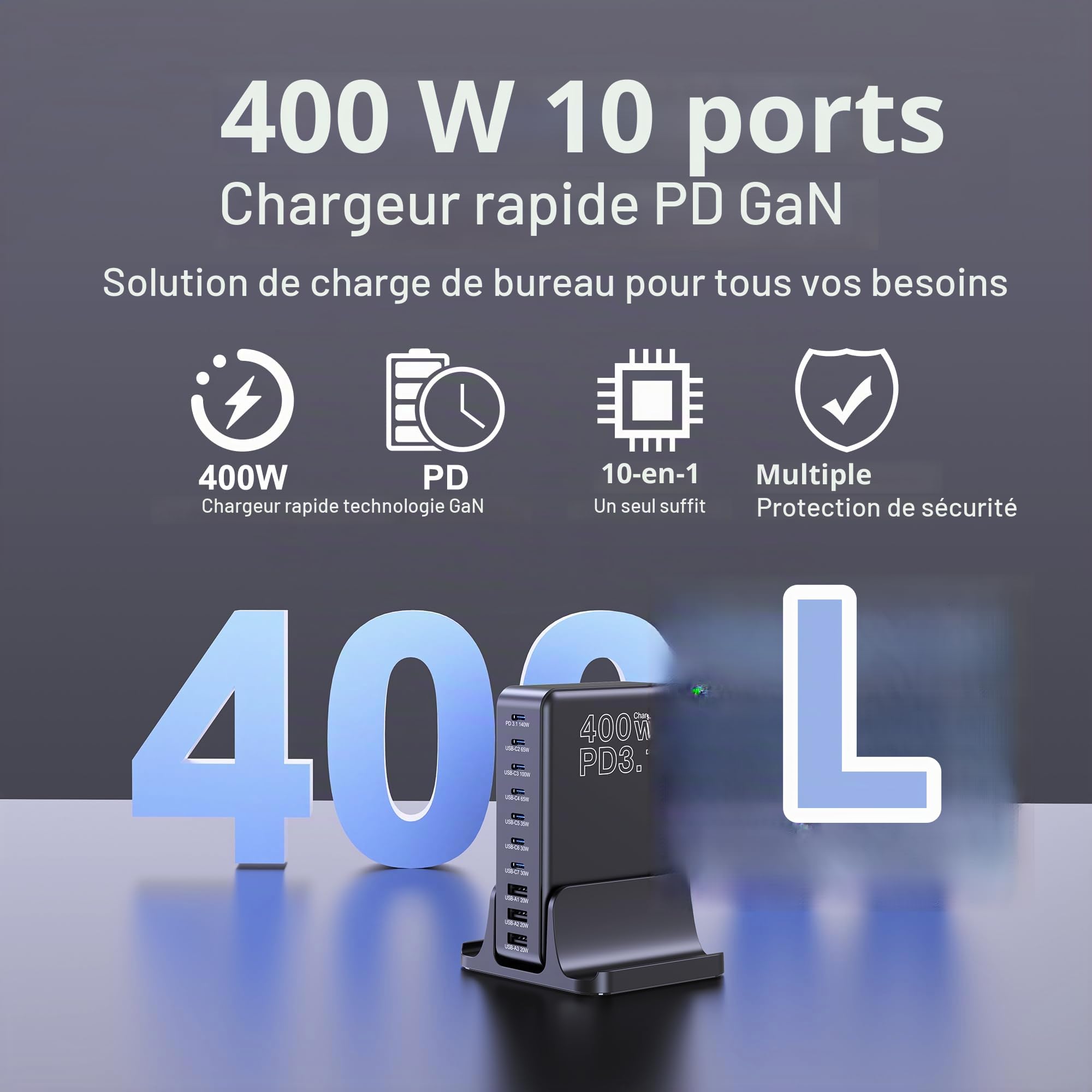 400W Chargeur USB C avec 10 Ports GaN Tech, 140W Chargeur Rapide PD3.1 QC PPS Prise USB C Multiple Station de Charge Compatible avec MacBook Pro/Air Laptop, iPhone, iPad Pro, Galaxy, SteamDeck-Noir