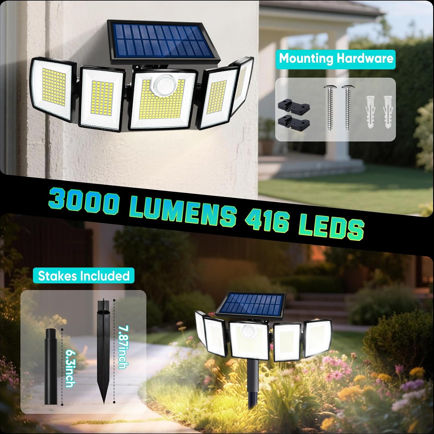 MDCMDCM Solar Lights Outdoor Waterproof Motion Sensor - 416 LEDs 3000 Lumens Super Bright 3 Brightness 3 Modes 2400mAh 360° Illumination 32ft Solar Flood Security Light for Outside (with Stakes, 2)