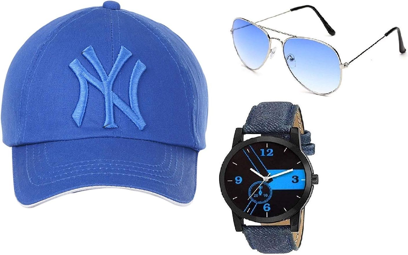 BID Unisex Combo Sun-glass Analogue Watch and Cap (Blue)