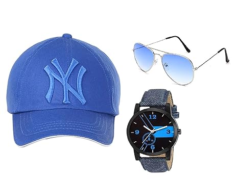 BID Unisex Combo Sun-glass Analogue Watch and Cap (Blue)