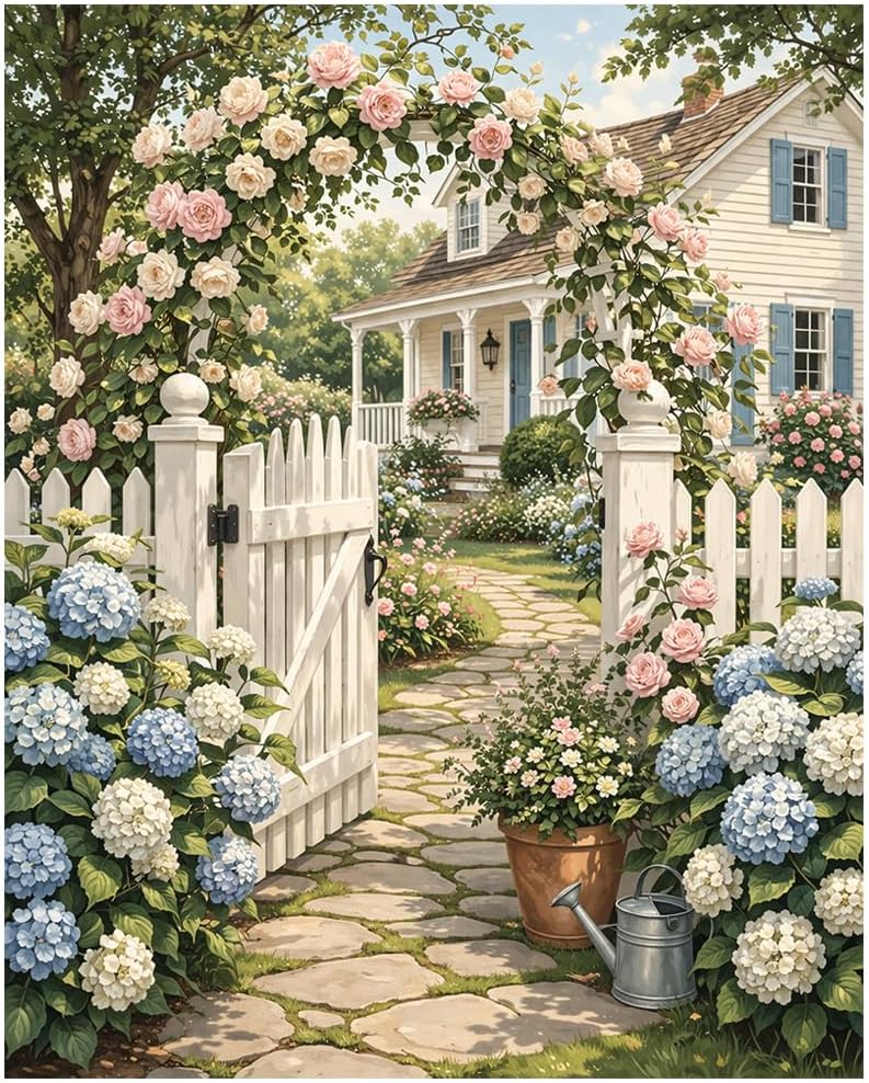 Quelvyn Rose Garden Gate Paint by Numbers Kit for Adults, DIY Cottage Yard Floral Painting on Rolled Canvas 16x20 Inch, Beginner Art Farmhouse Garden Wall Decor, Gift for Flower Lovers