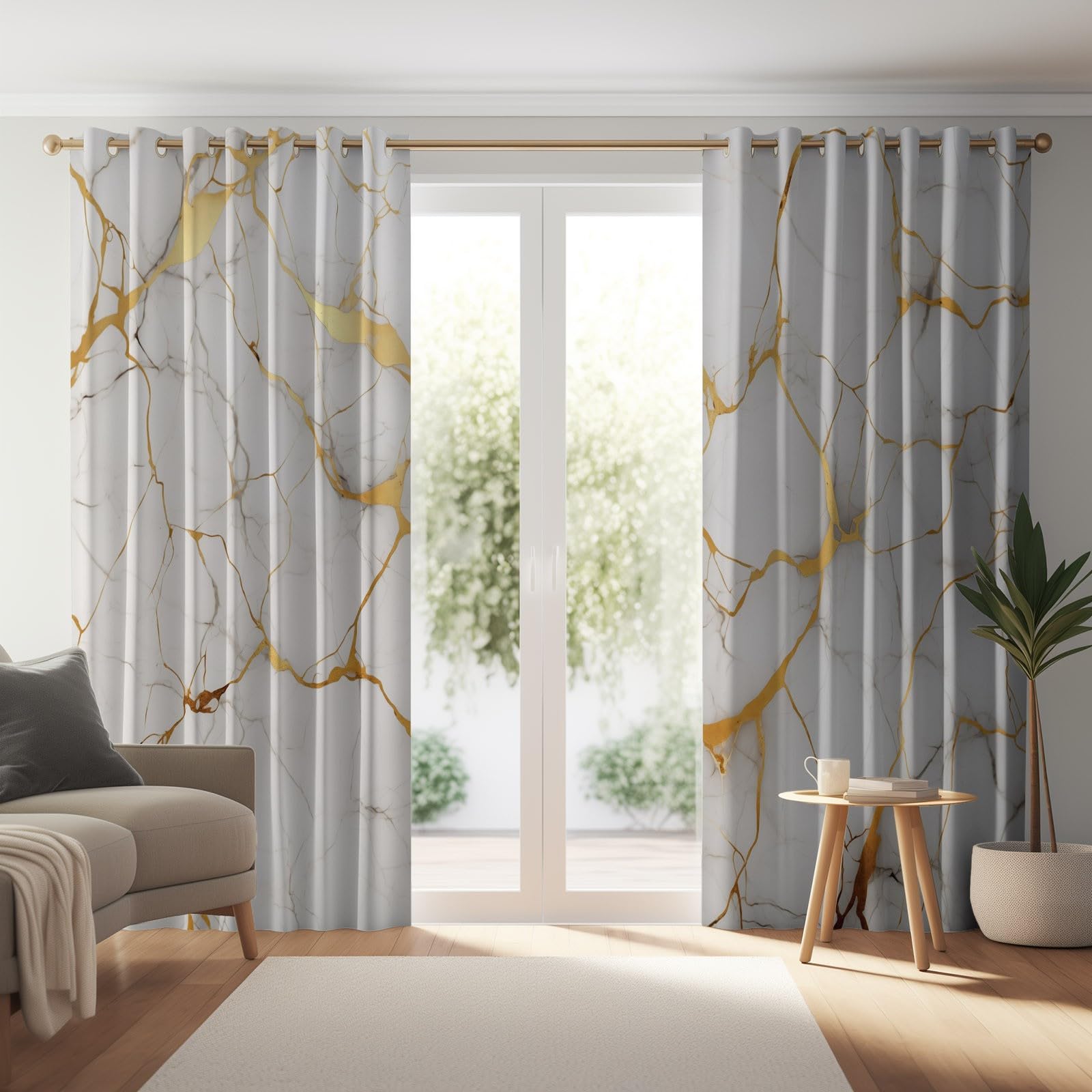 100% Rideau Occultant Blanc Rideaux Occultant Thermiques à Oeillets, Rideau Opaque imprimés Moderne Géométrique Marbre Decoration pour Chambre Salon, 140L X 200H cm (2 Panneaux)