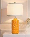 JUNNAI 24.5" White Ceramic Table Lamp 3-Way Dimmable Nightstand with White Linen Shade Bedside Lamp for Bedrooms & Living Room Office Reading(Bulb Included)